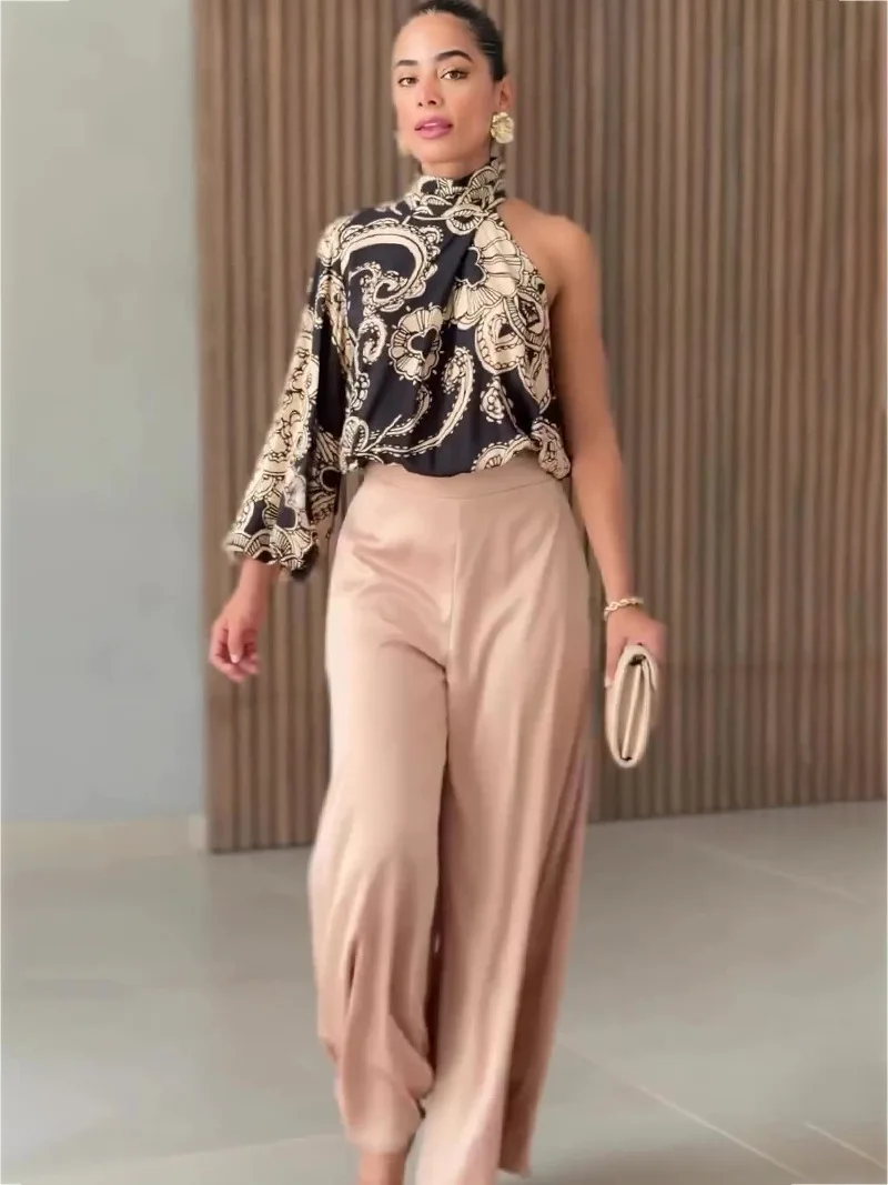 2024 summer fashion new women\'s suit asymmetrical sleeveless long sleeve top wide leg pants two-piece set