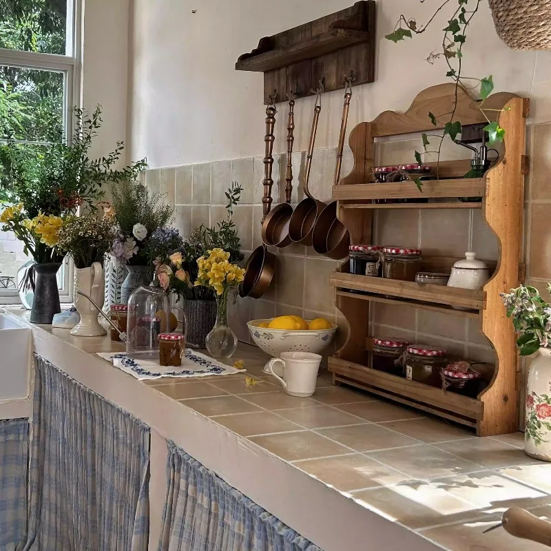  رف خشبي للمزرعة مصنوع يدويًا من خشب الأرز على الحائط منظم تخزين المطبخ الريفي غير سام لغرفة الطعام شديدة التحمل #4