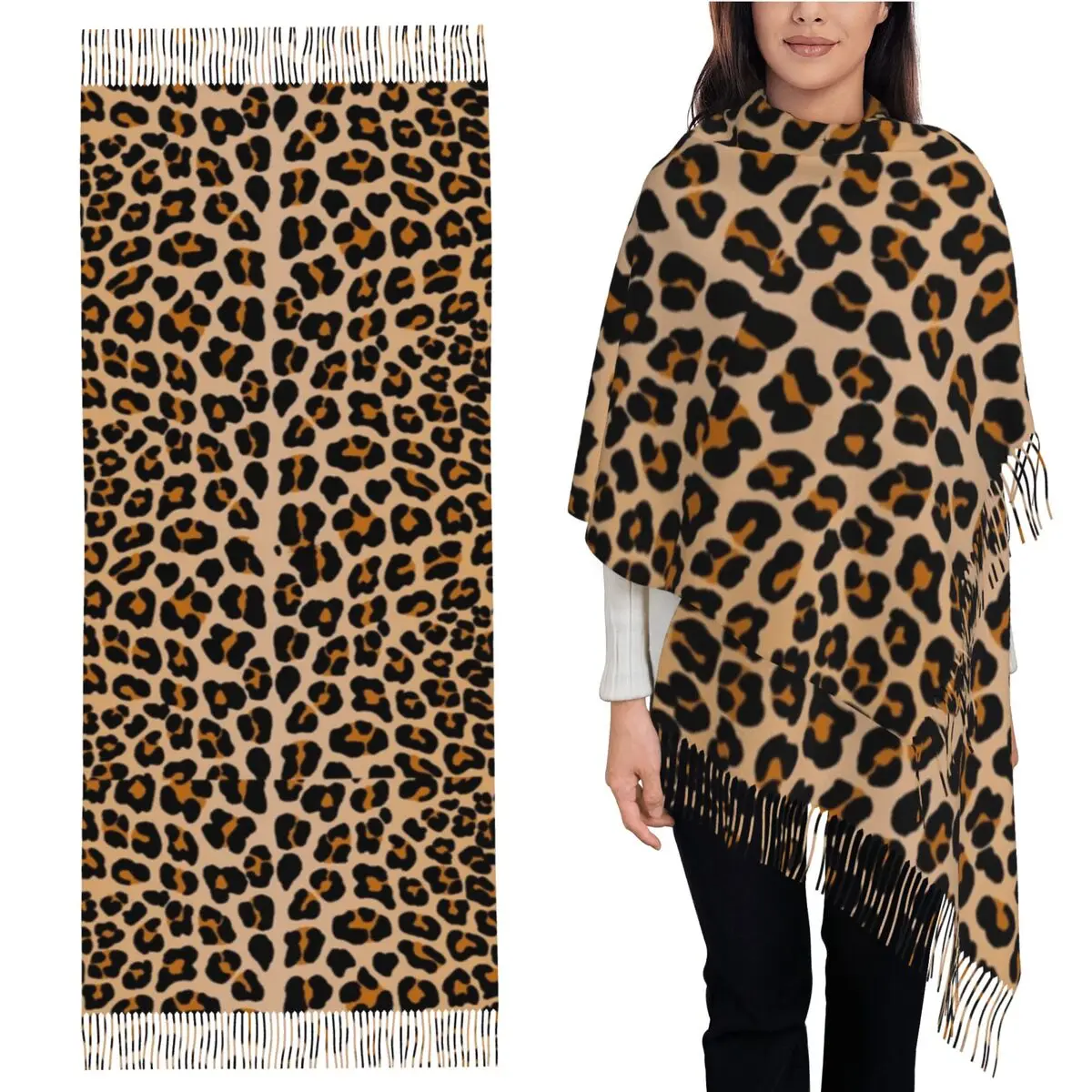 

Шарф с леопардовым принтом, шарфы с кисточками для женщин, мягкие теплые шали и накидки, большая осенне-зимняя шаль