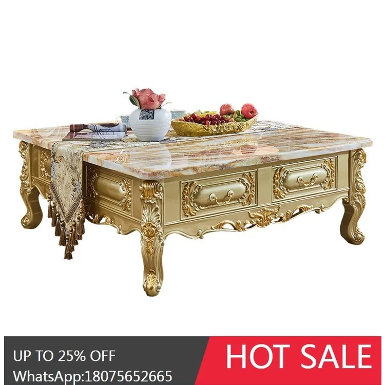SGF European-style Marble Coffee Table Full Solid Wood Carved Luxury Square Tea Table