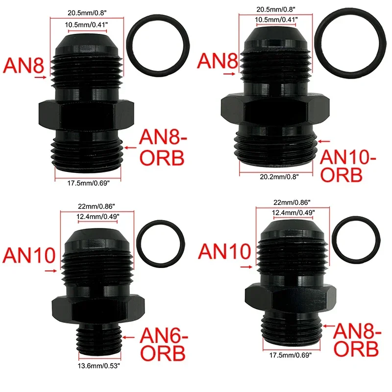 4X adaptador macho de ajuste de manguera de línea de combustible ORB-6 ORB-8 ORB-10 ORB-12 junta tórica Boss a 6AN 8AN 10AN 12AN conector de llamarada de aluminio negro