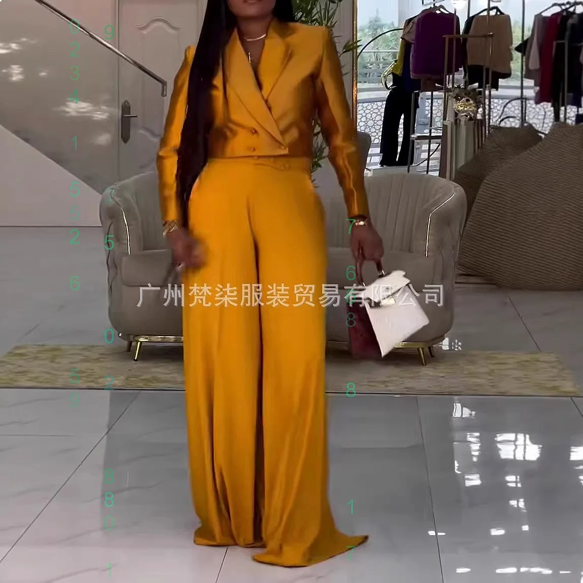 

Elegant Satin Blazer Wide Leg Pants Two Piece Set Women Suits Jumpsuit Trousers Matching Set Evening Dress