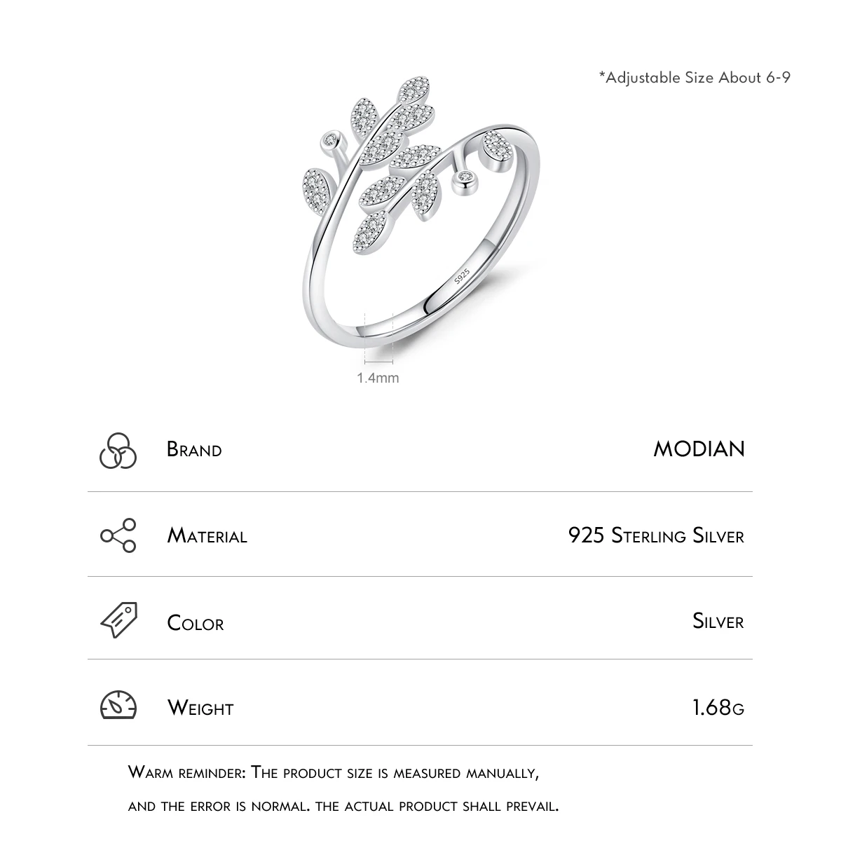 Modian 925 prata esterlina árvore folha dedo anéis ajustáveis brilho pavimentar configuração cz anel para mulheres e meninas jóias finas presente