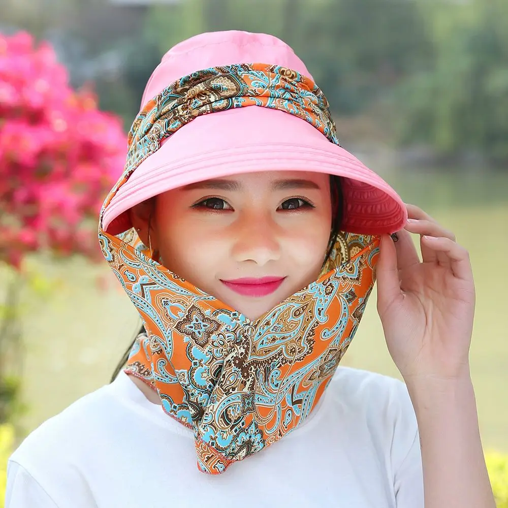 1Pcs Fashion Women Summer Outdoor Riding Anti-UV Sun Hat Beach Foldable Sunscreen Floral Print Caps Neck Face Wide Brim Hat