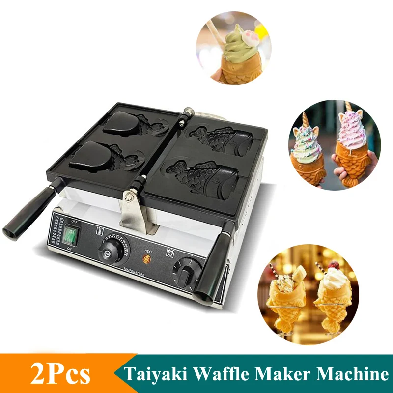 Commercial Electric 2pcs Open Mouth Fish Shape Taiyaki Maker Ice cream Cone Taiyaki Machine Waffle Cone Bakery Waffle Machine