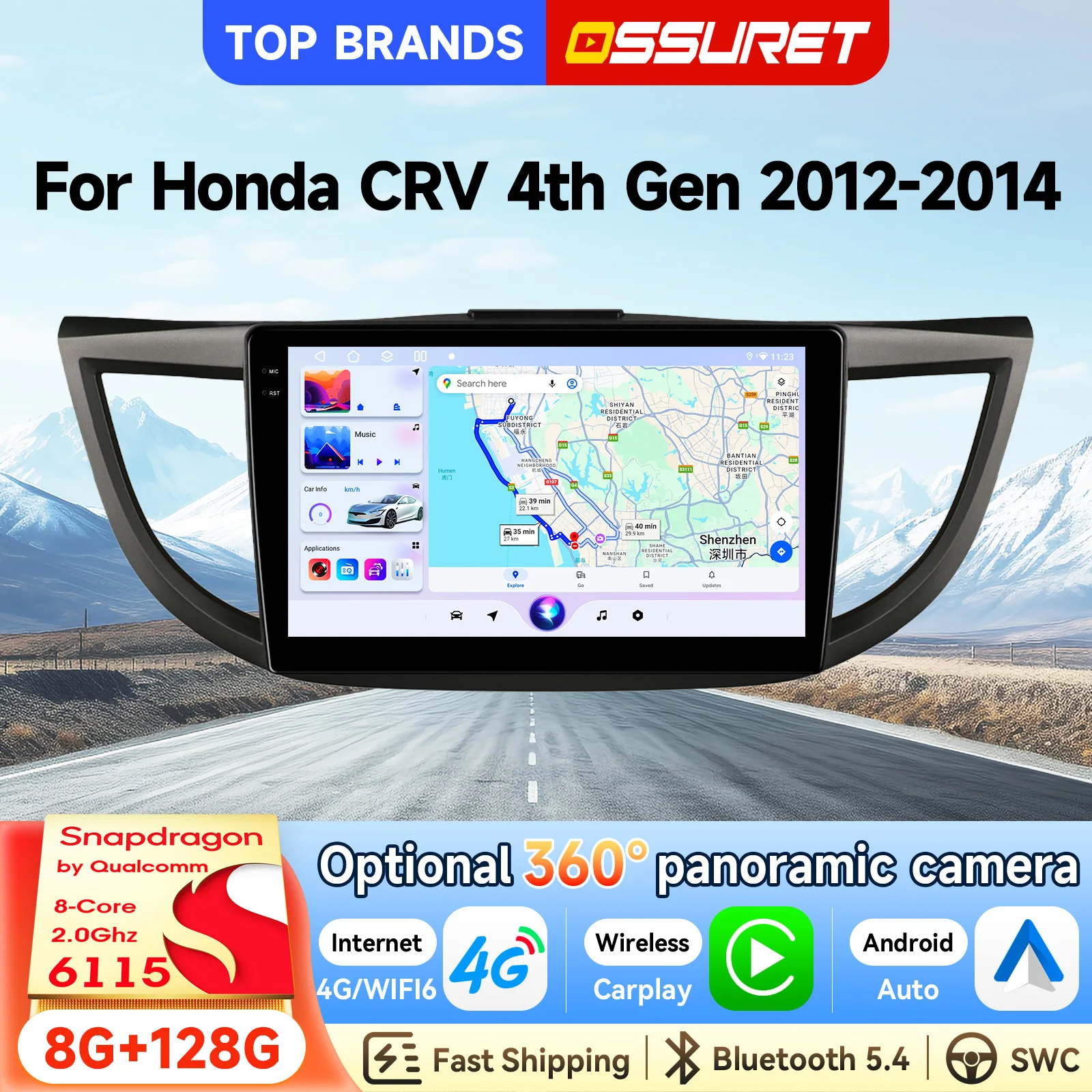 OSSURET Autoradio Android 14 2 Din le plus vendu pour Honda CRV 4ème génération 2012-2014 2.4L sans écran d'origine / 2012-2016 2.0L Stéréo Carplay sans fil Android Auto SWC Navigation GPS Bluetooth Mains libres WiFi Système intelligent Lecteur multimédia automobile