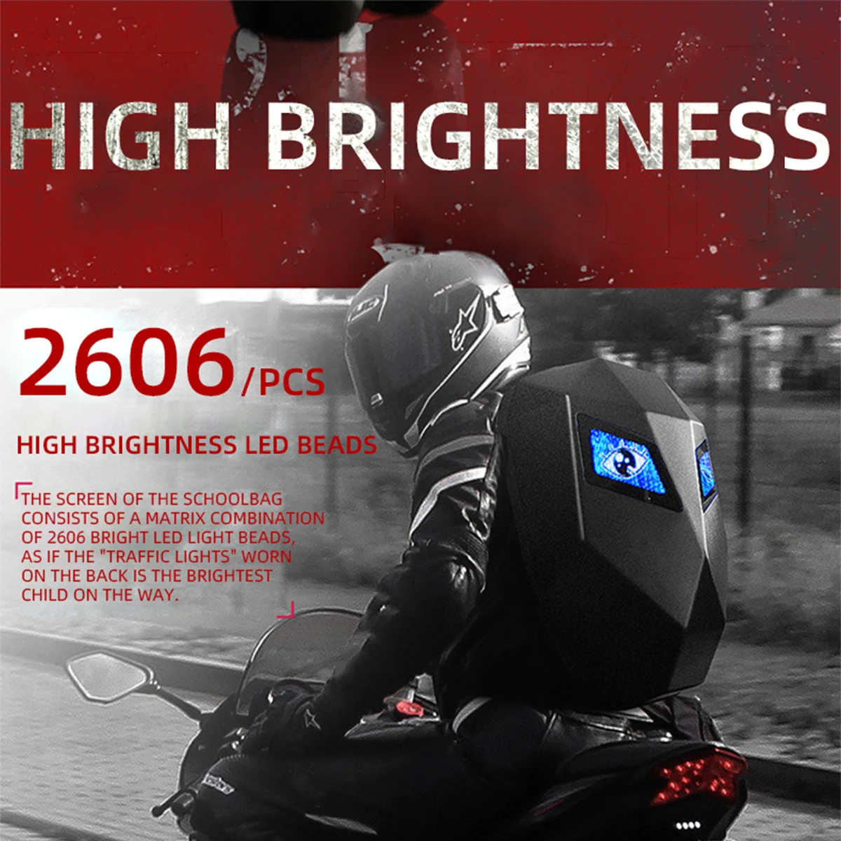 LED Knight Backpack Hard Shell Large Capacity Motorcycle Riding Backpack Hard Shell Laptop Bag with Blink LED screen Devil's Eye