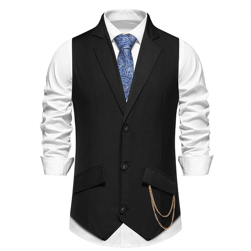 Men\'s Classic Solid Color Slim Vest Business Casual Suit Vest Flip Lapel with Chain Accessories Wedding Banquet Vests