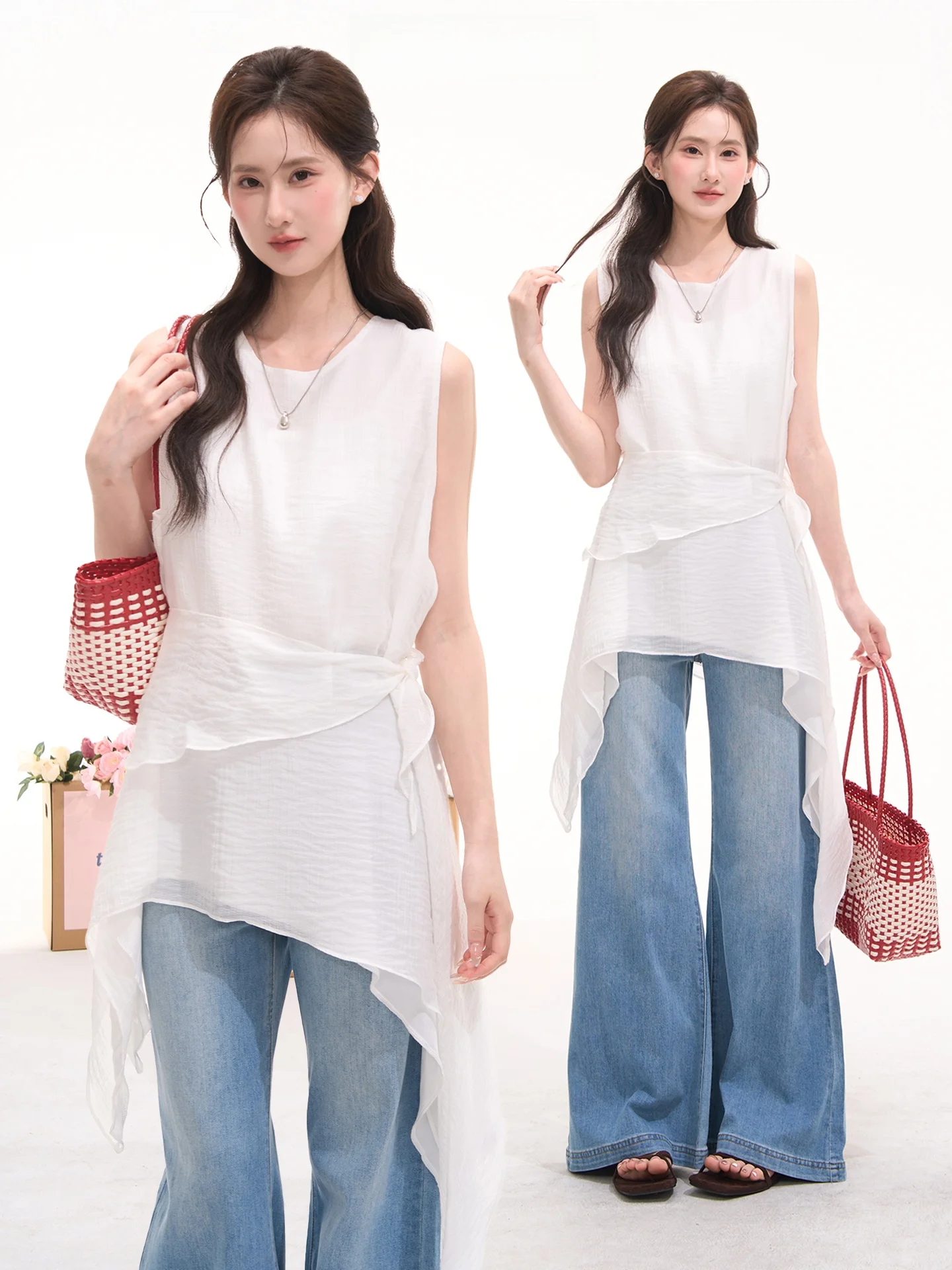 

Летняя женская свободная асимметричная шелковая рубашка без рукавов Heme, повседневный стиль, удобный топ средней длины с круглым вырезом