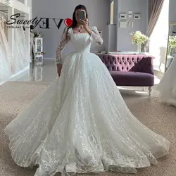 Luxury Wedding Dress Embroidered Lace On Net With Princess Ballgown Square Collar Fullsleeve Button Customized Vestido De Novia
