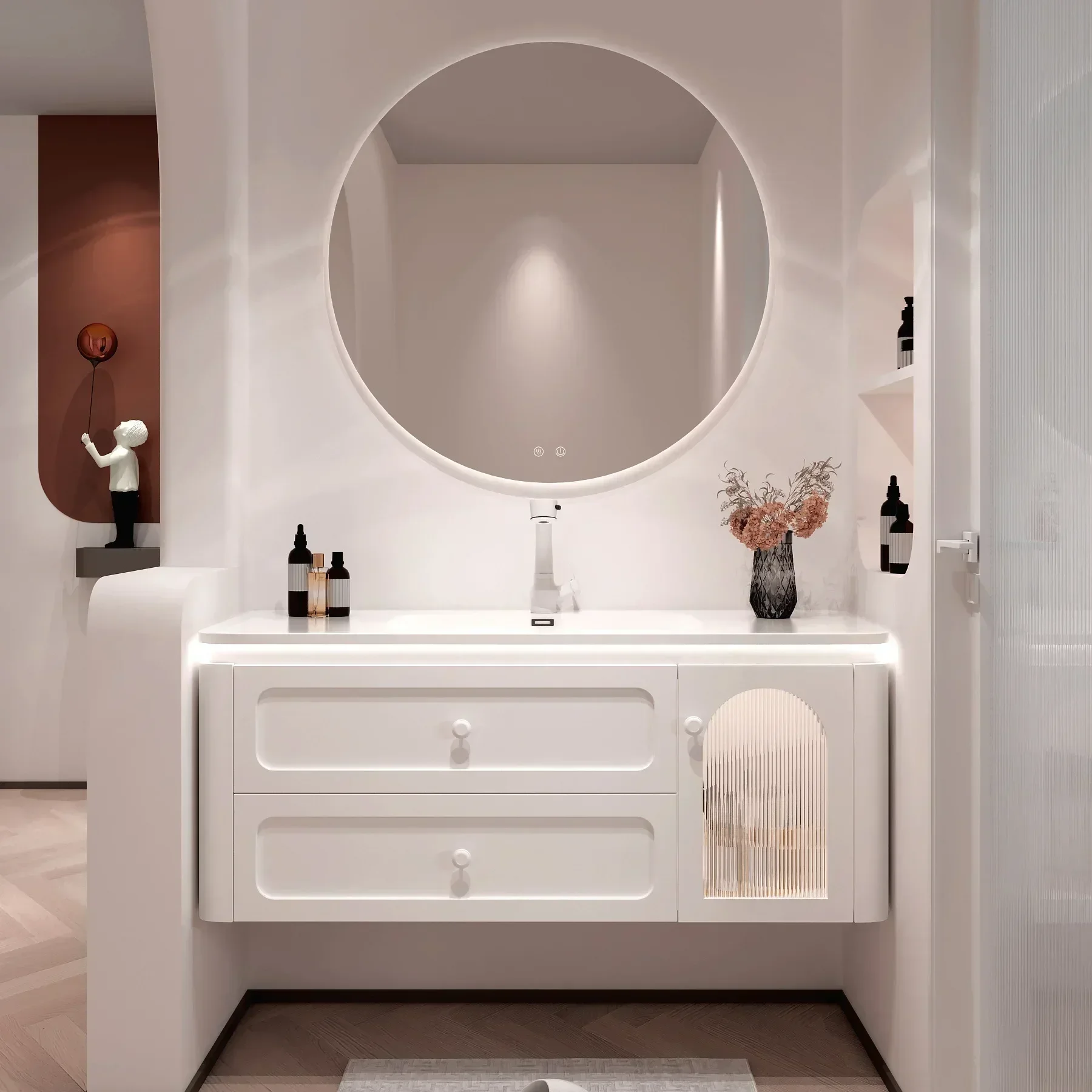 Bathroom Cabinet White Integrated Sink Smart Mirror Wall Mounted Countertop Combo Undermount Ceramic Vessel Chorme Faucet Drain