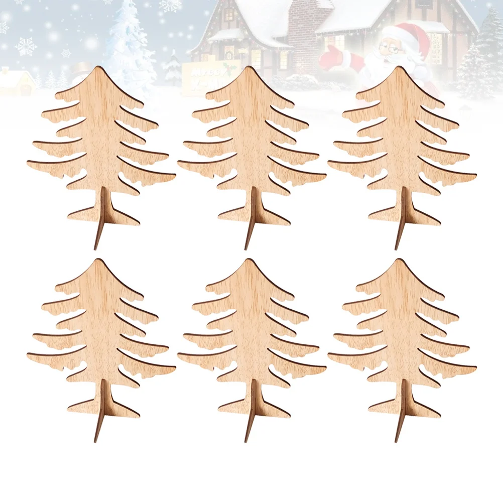 

6Pcs Cartoon Christmas Tree Ornament Wooden Laser Carved Desktop Decorations Home Office Cabinet Shelf Mini Gift Set