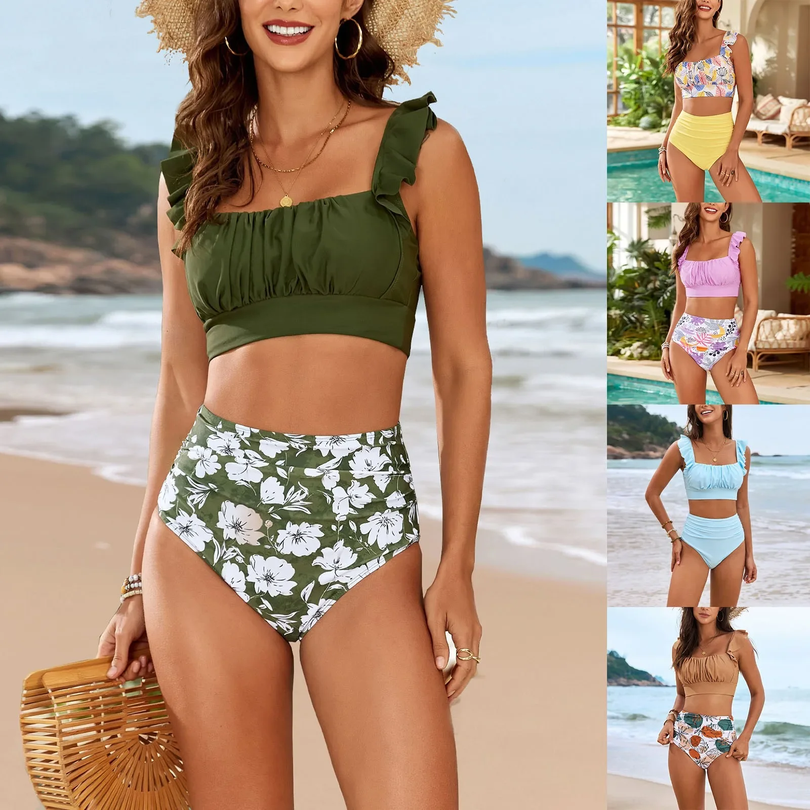Sommer Neue Mode Frauen Druck Badeanzug Zwei Stück Rüschen Bademode Tops Weibliche Hohe Taille Bikini Schwimmen Shorts
