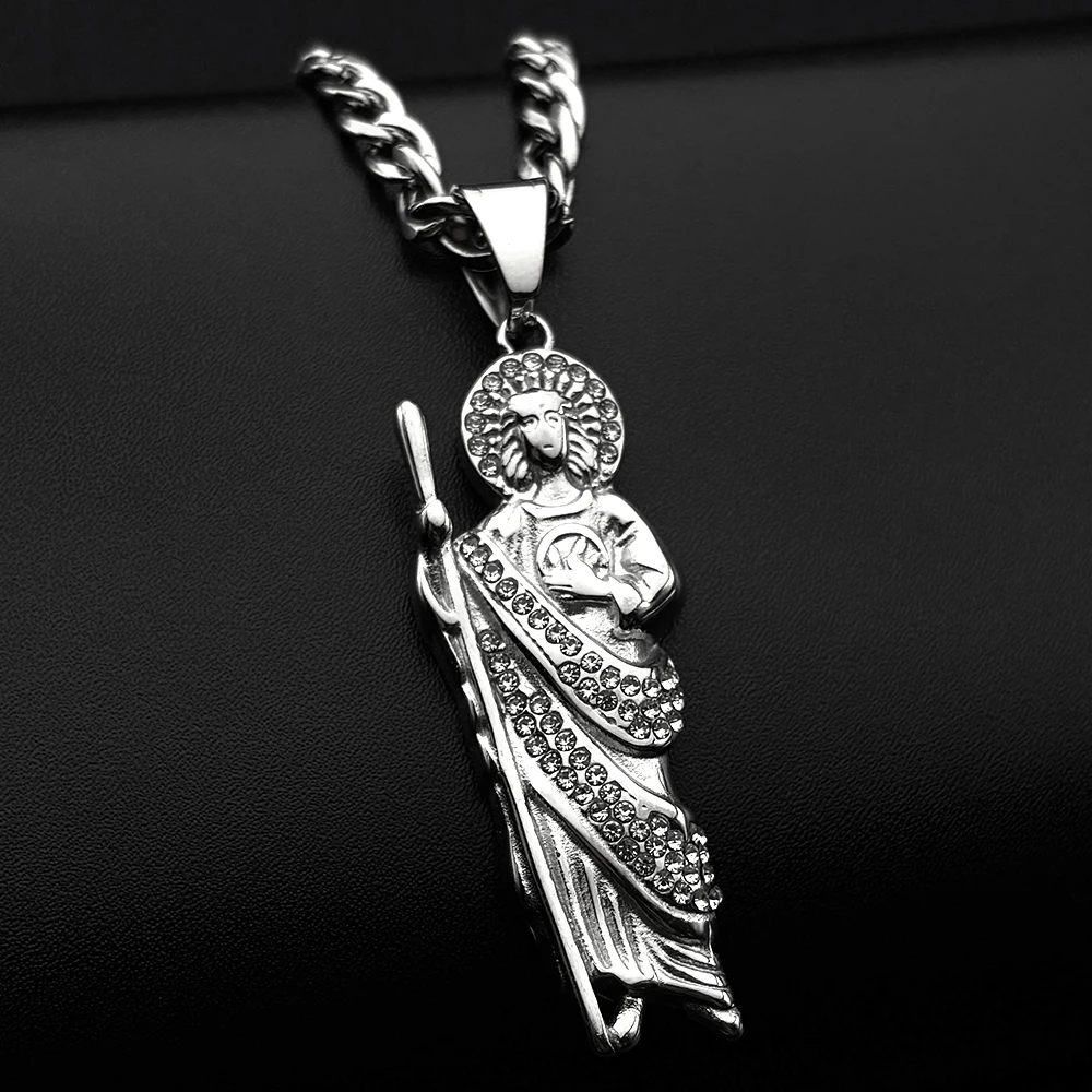 San Judas Tadeo Rhinestones Pendant Necklace for Women Men Stainless Steel Chain Saint Jude Thaddeus Amulet Jewelry Party Gift