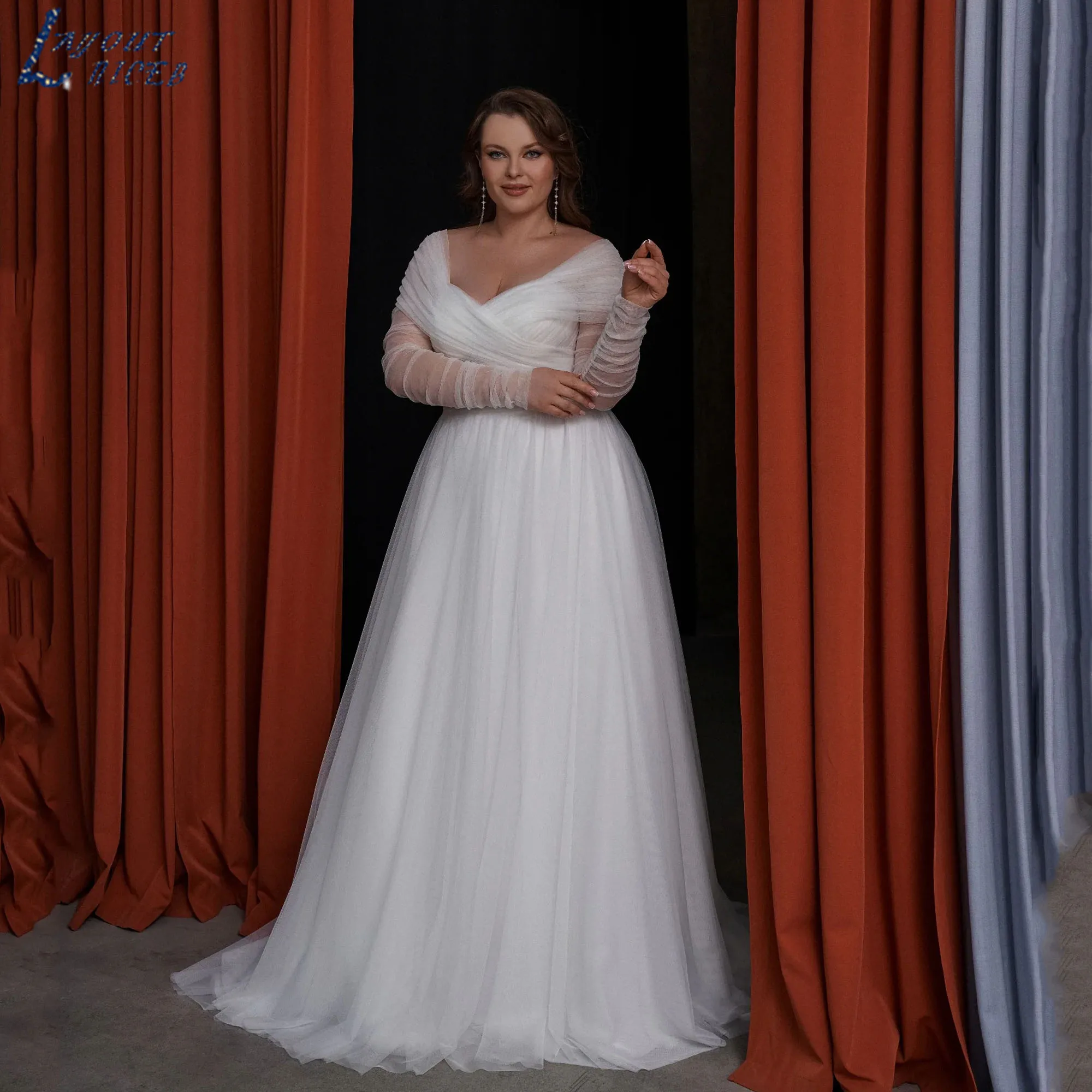 

LAYOUT NICEB Plus Size Wedding Dress Off-Shoulder Long Sleeves A-Line Bride Gown Simple A-Line Tulle vestido de novia Customized