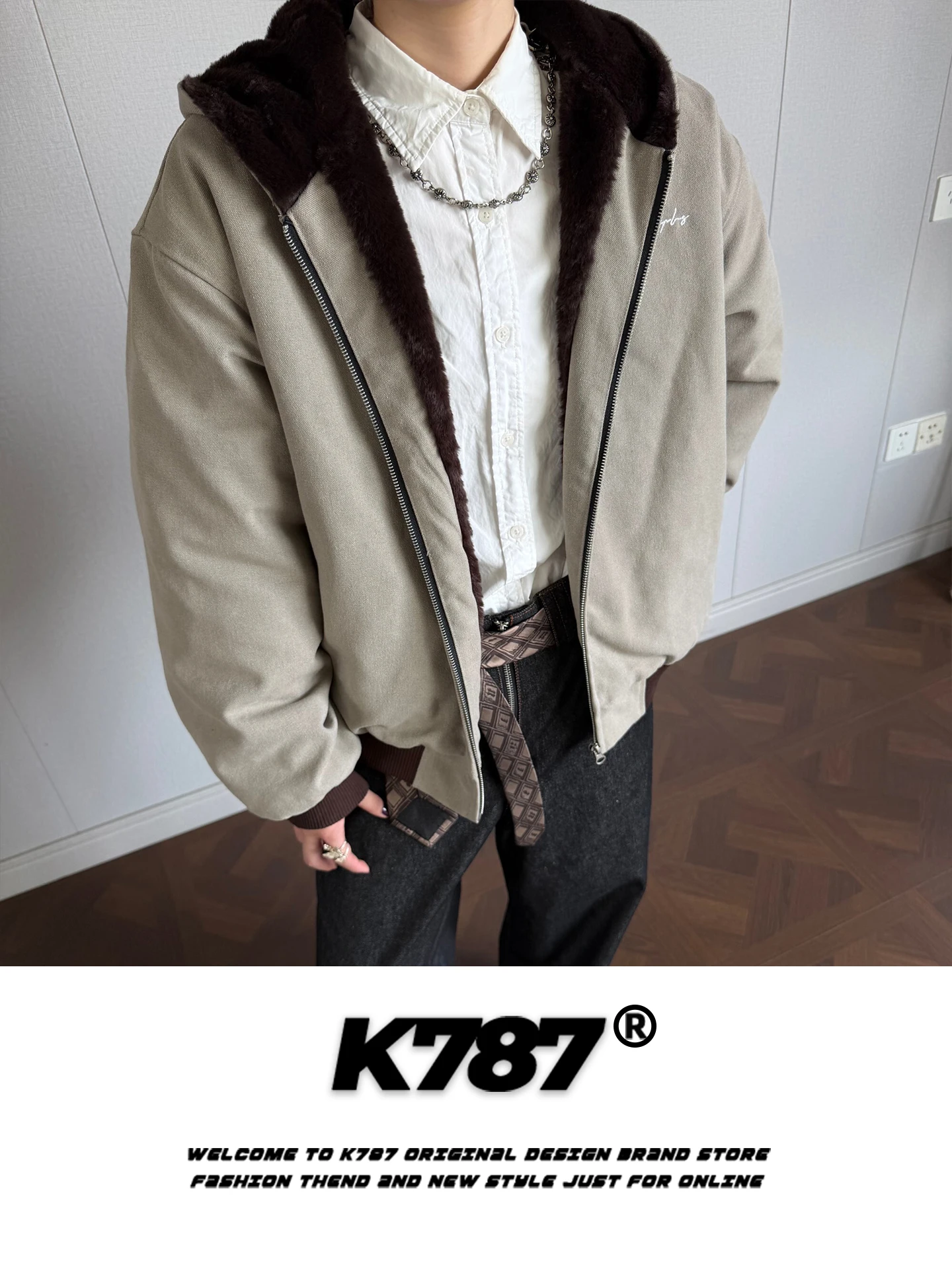 

K787 American Retro Waed Color Blo Hooded Cotton Jaet Men's Loose Fce Lined Warm Couple's Cotton Coat Youth Faion