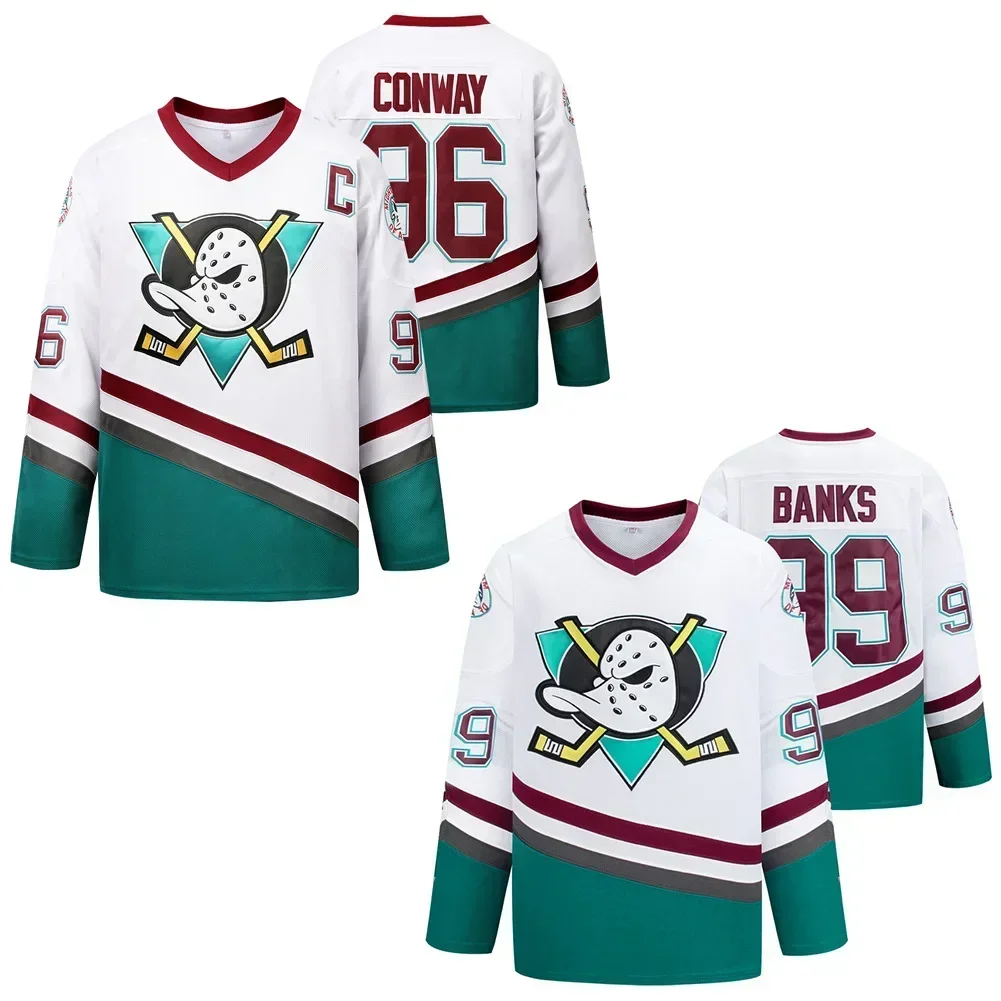 The Mighty Ducks Movie Ice Hockey Jersey Conway 96#  Banks 99#  Stitched White Long Sleeve