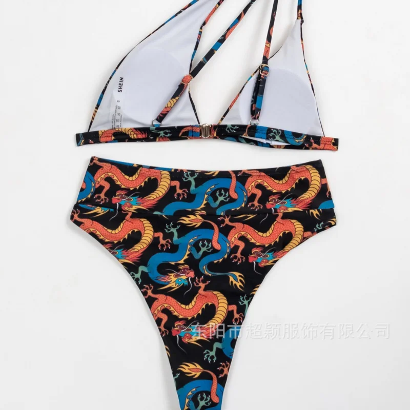 Women's Swimsuit Two-Piece Retro Multi-Color Print Triangle Push-Up Sexy One-Shoulderbiki