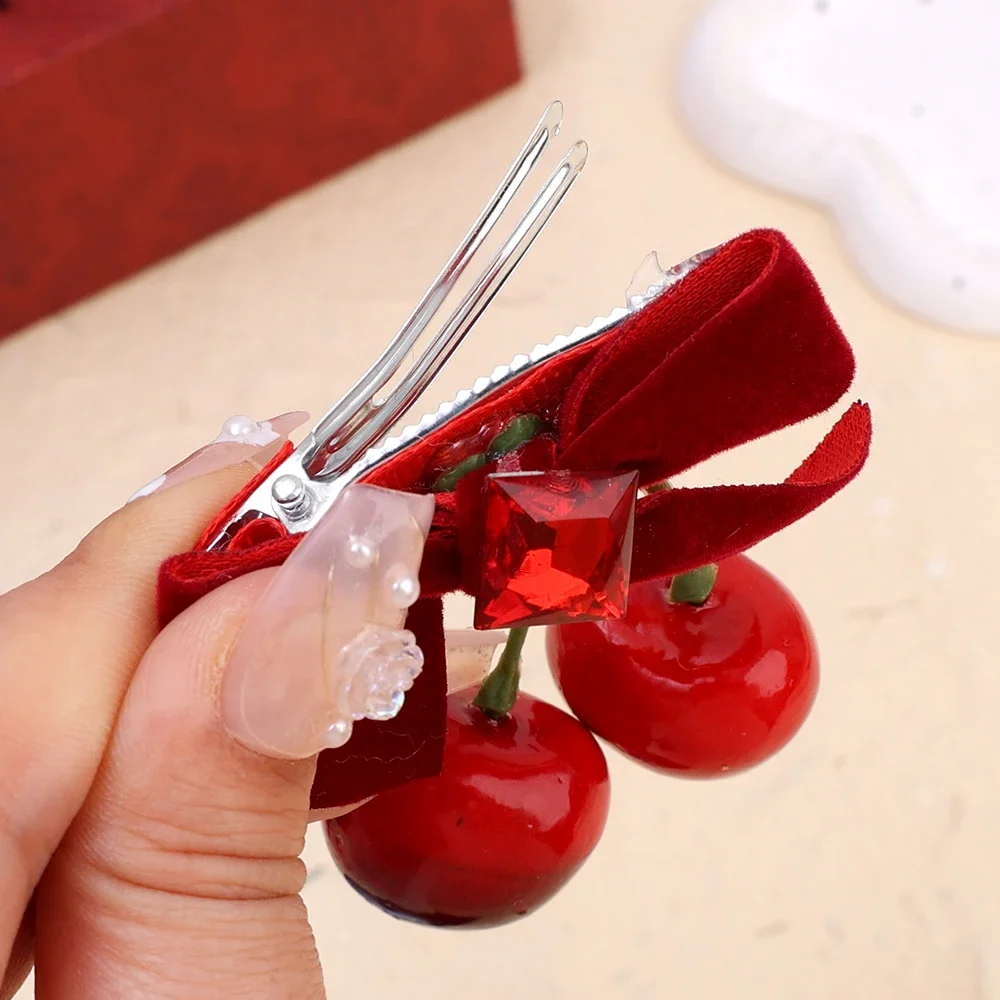 Velvet Bow  Red Cherry Hairpins Barrettes Girls Bow Ties Hairbows Ornament Versatile Sweet Pastoral Hair Clip Hair Accessories