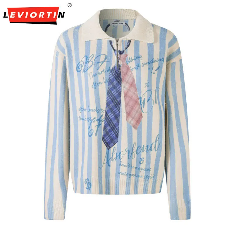 

Men's Hip Hop Fashion Trend Fake Tie Graffiti Printed Collar Sweater Vertical Stripe Loose Collar Long Sleeve Knitted Top