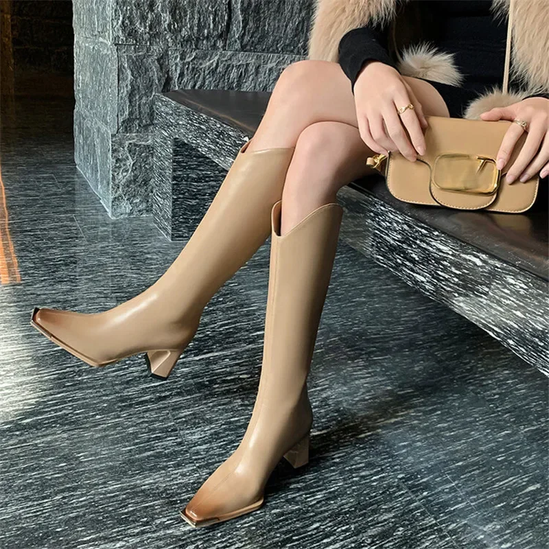 2023 New Winter Knee-High Boots for Women Square Toe Knight Boots Split Leather Women Boots High Heels Concise Boots De Mujer