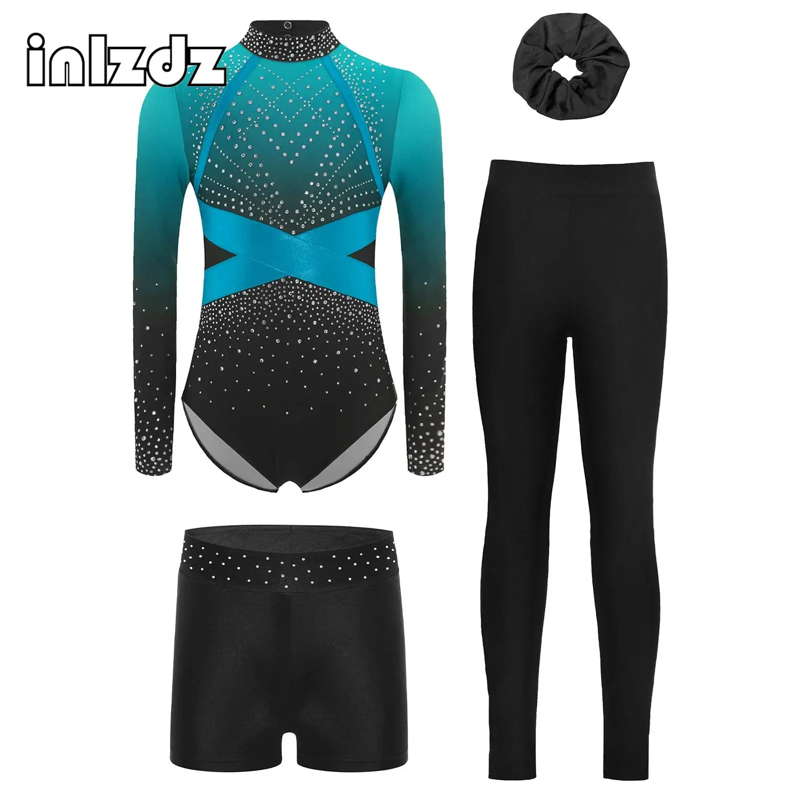

4Pcs Kids Girls Gymnastics Figure Skating Ballet Dance Outfit Long Sleeve Shiny Rhinestones Leotard+Shorts+Leggings+Hairband Set