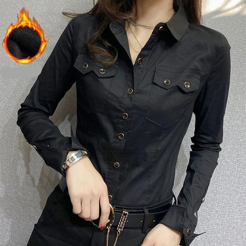 Autumn Winter Elegant Fashion Harajuku Shirt Lady Loose Casual All Match Chic Blusa Solid Button Pockets Long Sleeve Tops Women