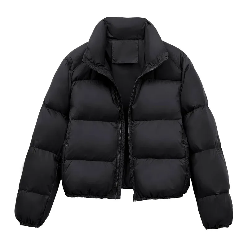 Women Fashion Short Solid Color Padded Coat Autumn Winter Warm Jacket Korean Stand Collar Casual Zipper Cotton Padded