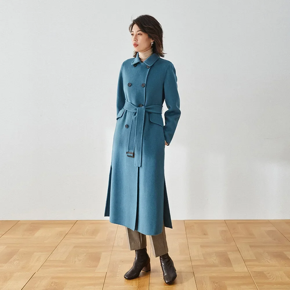 Autumn and winter new double-breasted belt extended side split double-sided woolen coat coat women