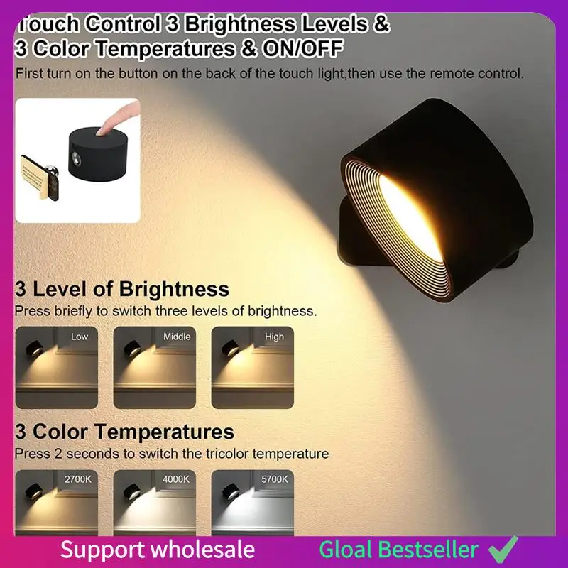 

A38M LED Wall Sconce, Wall Mount RGB Lamp USB Rechargeable 360°Rotate Magnetic Ball, Cordless Wall Light For Bedside