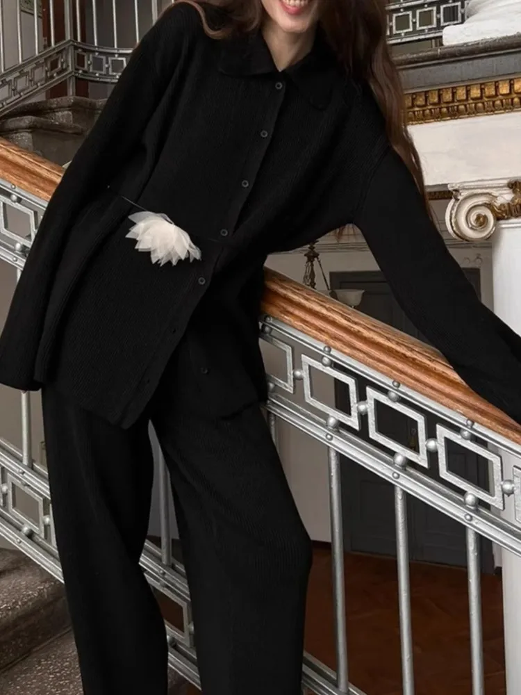 ชุดเซ็ตเสื้อสเวตเตอร์ลำลองสไตล์ใหม่สำหรับฤดูใบไม้ร่วงและฤดูหนาว เสื้อแขนยาวคอปก กางเกงขายาวทรงกว้าง ชุดสองชิ้นสำหรับผู้หญิง