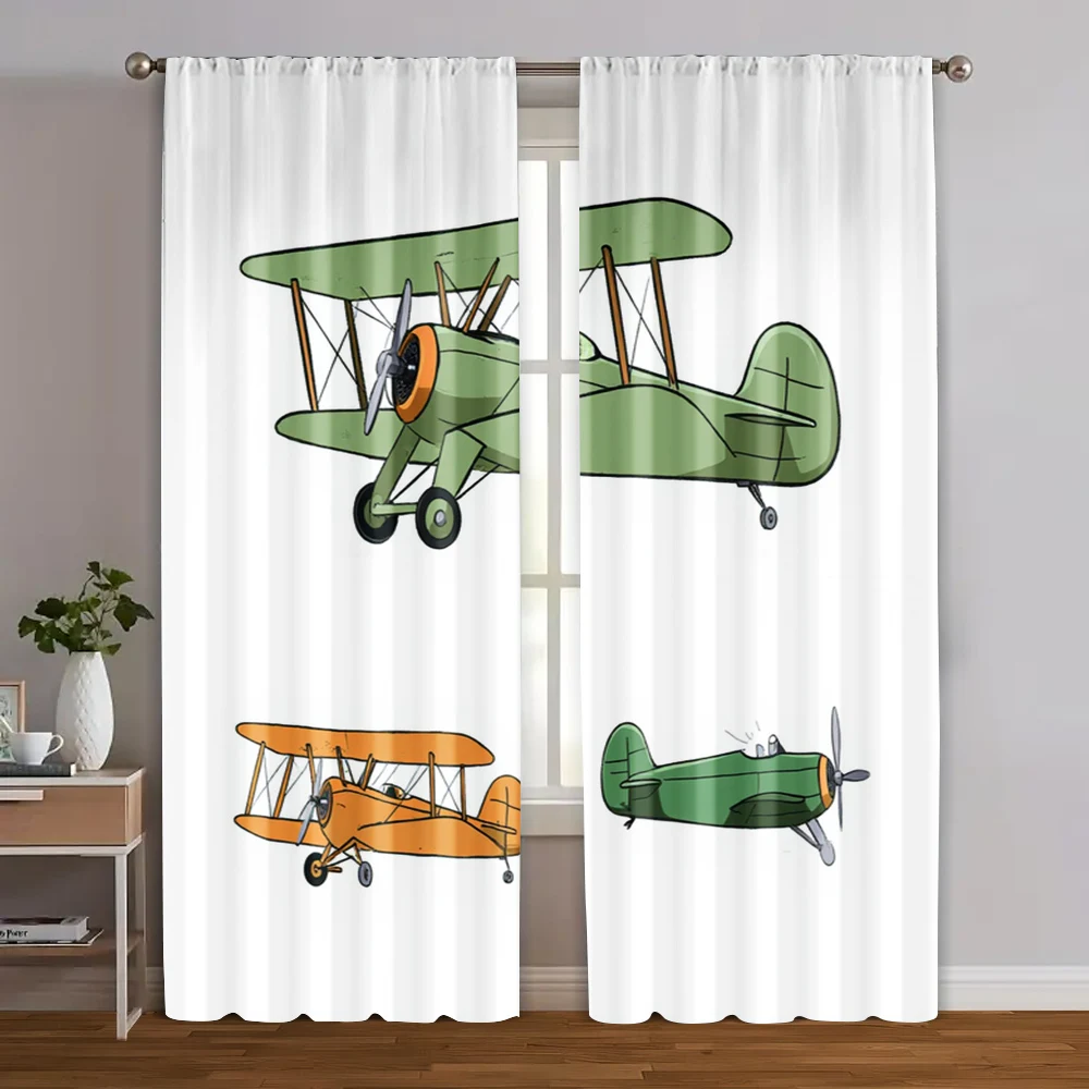 2pcs, Window Curtain Green biplanes and bright orange propeller planes Polyester (without rod) Art Deco Festive Use for Kitchen