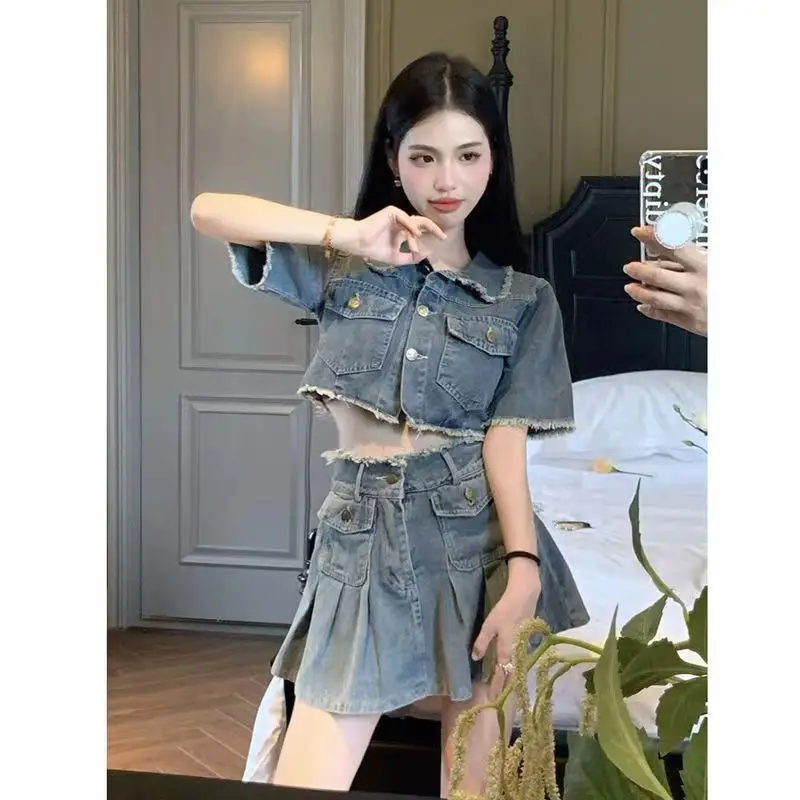 Retro Washed Fur Edge Short Shirt Denim Set for Women Summer High Waisted Skirt Short Skirt Niche Two Piece Set