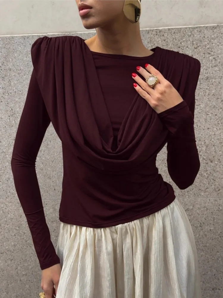 

Casual Blusas Long Sleeve Tops T Shirt Tees Simple Style All-match Temperament Commuting Pleated Fashion Bottoming Solid Color