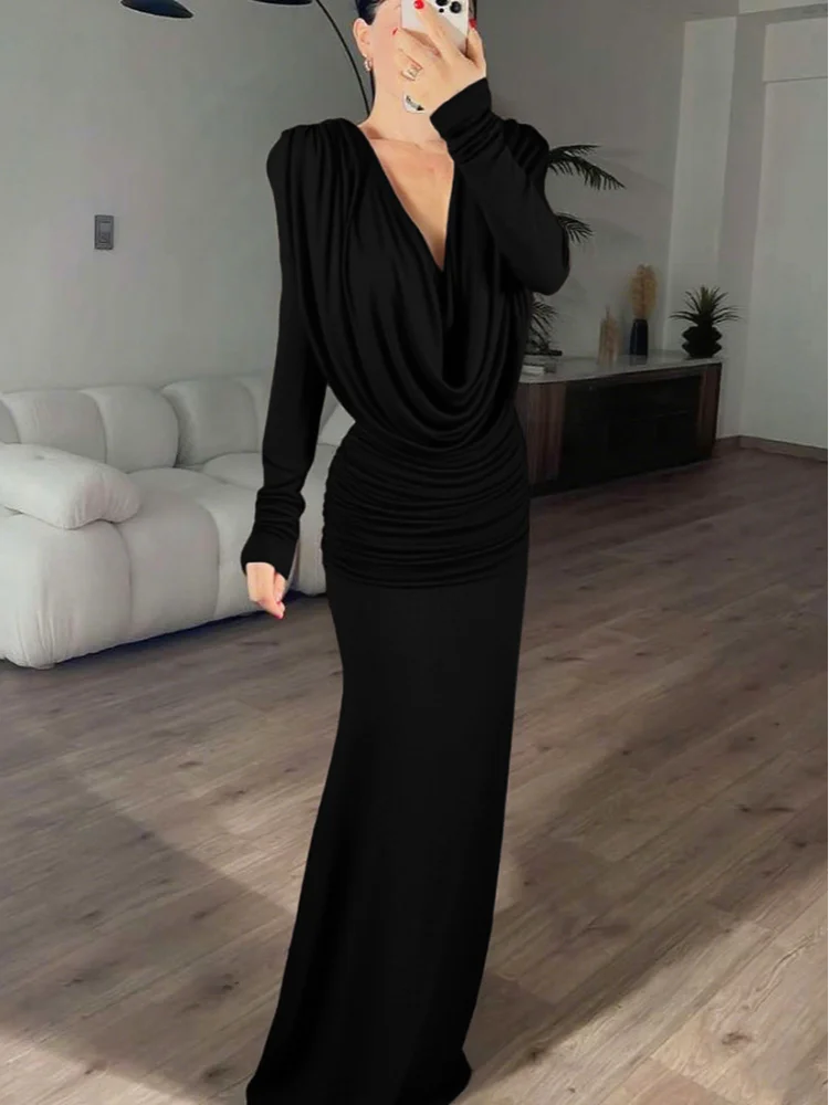 

Элегантное платье макси с распашным воротником, женское модное плиссированное платье с длинным рукавом и открытой спиной, облегающее талию, женское вечернее платье 2026