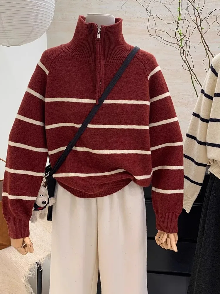 

Red Half Zipper High Neck Striped Pullover Sweater For Women's Winter Versatile Loose And Thick Knitted Top