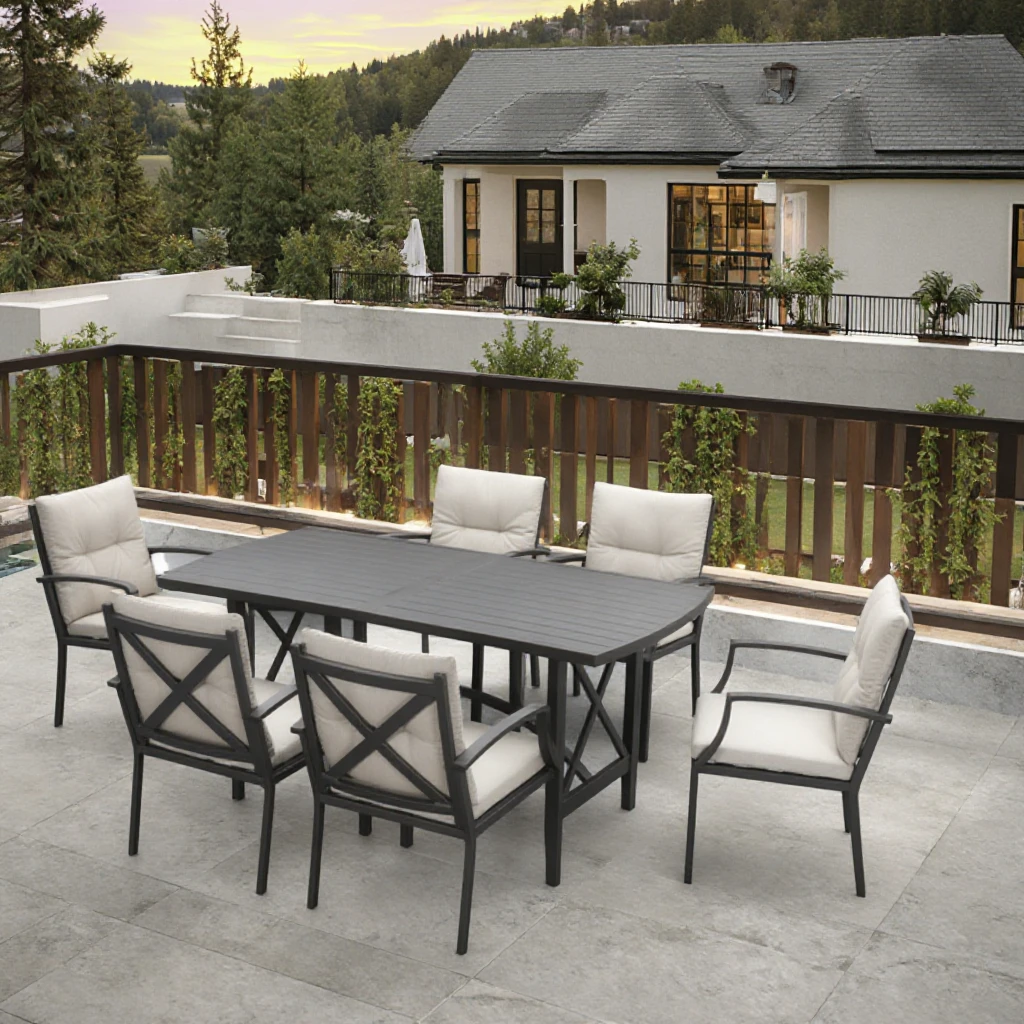 

Stylish All-Weather Aluminum Dining Set for 6 Home Furniture for School Hotel Removable Waterproof Cushions for Outdoor Dining