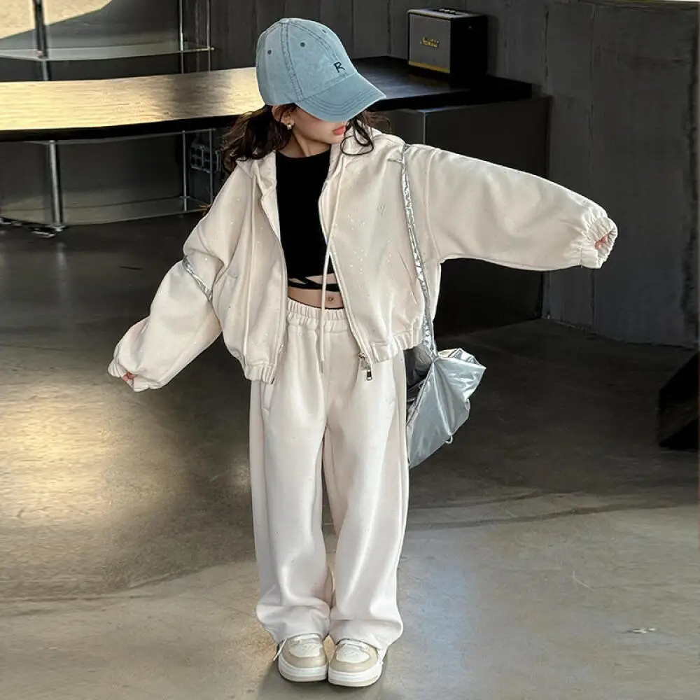 

Kawaii Girl Flash Diamond с капюшоном на молнии, рубашка и брюки, комплект студенческих осенних повседневных топов, пальто, брюки, комплект из 2 предметов, детская одежда