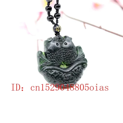 Natural Black Green Jade Obsidian Carp Pendant Pisces Necklace Fine Jewelry Carved Amulet Fashion Charm Gifts for Women