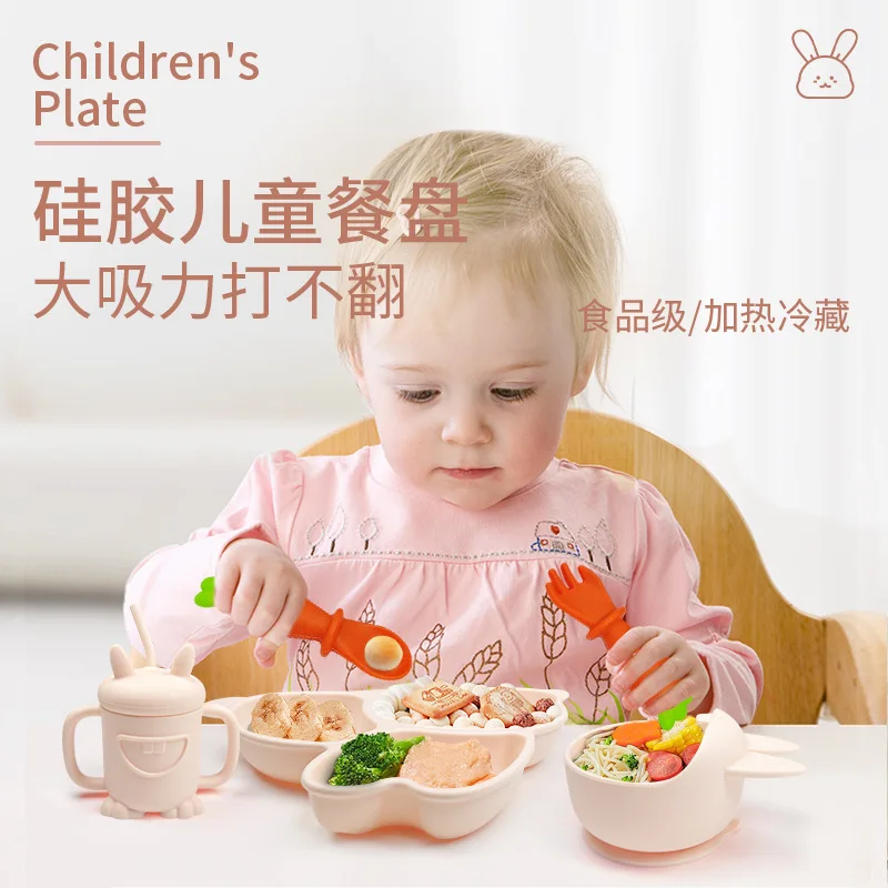 Plate Children's Cute Rabbit Supplementary Food Silicone Plate Bowl Fork Spoon Bib Anti-drop Plate