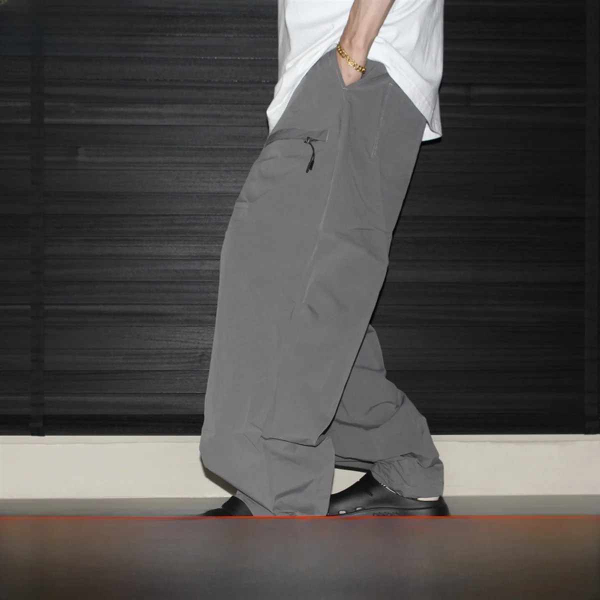 

Brand Lab Outdoor Workwear Casual Pants Adjustable Waist Zipper ket Detail Elastic Band Pure Color Trendy Loose Fit