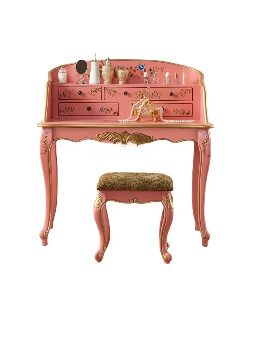Princess Bedroom American Style Painted Dressing Table Pink European Home Makeup Desk with Stool Pastoral Design