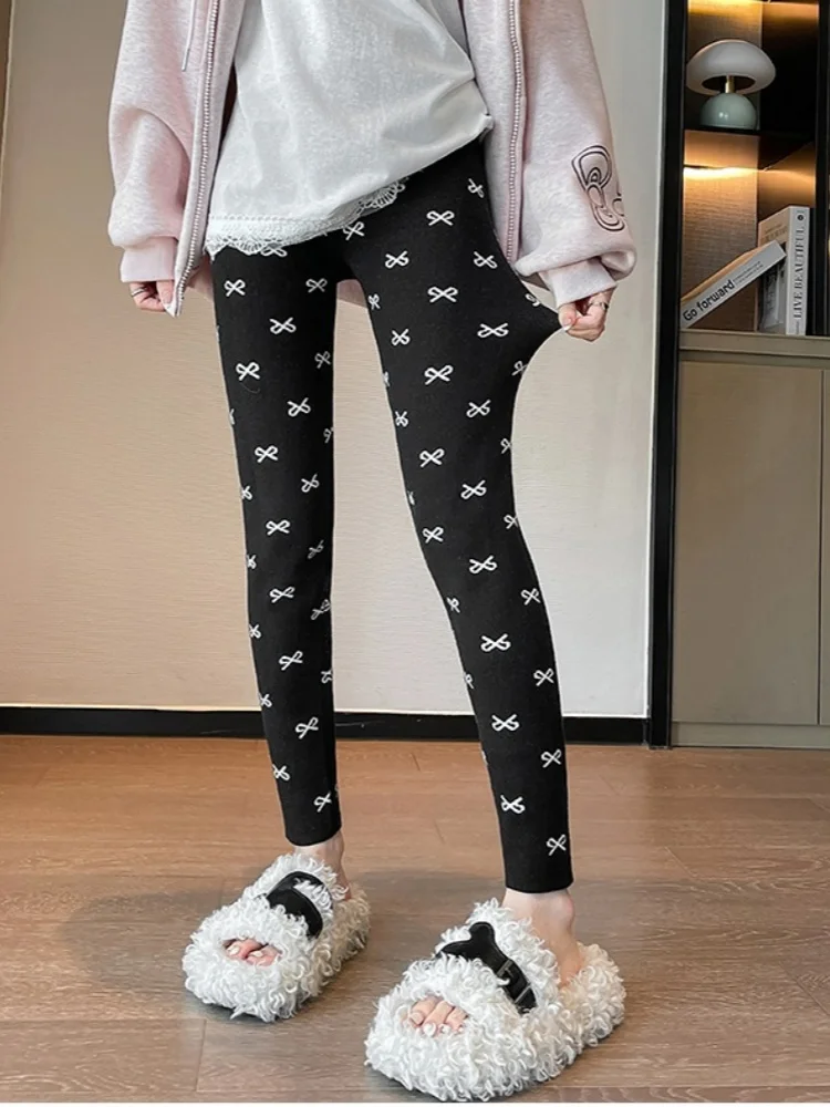 SMTHMA โบว์พิมพ์ถักเลกกิ้งสำหรับผู้หญิงฤดูใบไม้ร่วงฤดูหนาว 2025 ใหม่เอวสูงรัดรูปยืดหยุ่นสำหรับสวมใส่ด้านนอก