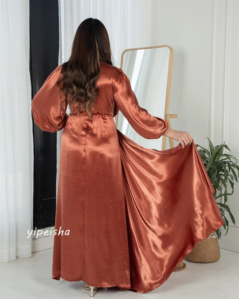 Robe Longue en Satin à Paillettes pour Femme, Vêtement avec Perles, Froncée, Ligne A, Col en V, sur Mesure, pour Occasions