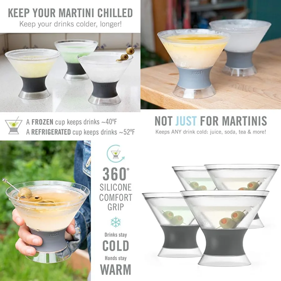 

Freeze Insulated Martini es 4, Plastic Freezer Gel Chiller Double Wall Stemless Coupe and Cocktail Glass, 9 oz, Grey