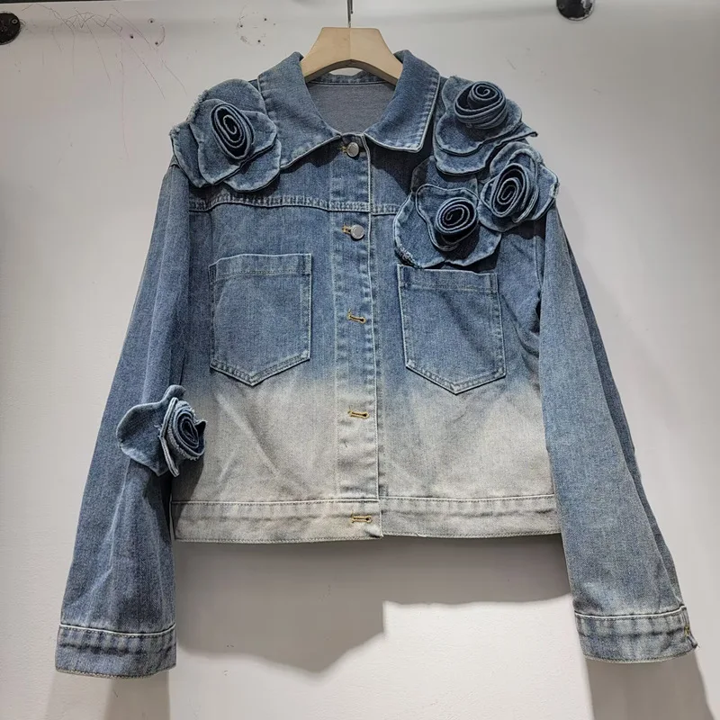 Chaqueta Vaquera Corta con Adornos Florales de Diseñador - Moda Primavera 2026 para Mujer, Top Vaquero con Decoración Floral Tridimensional