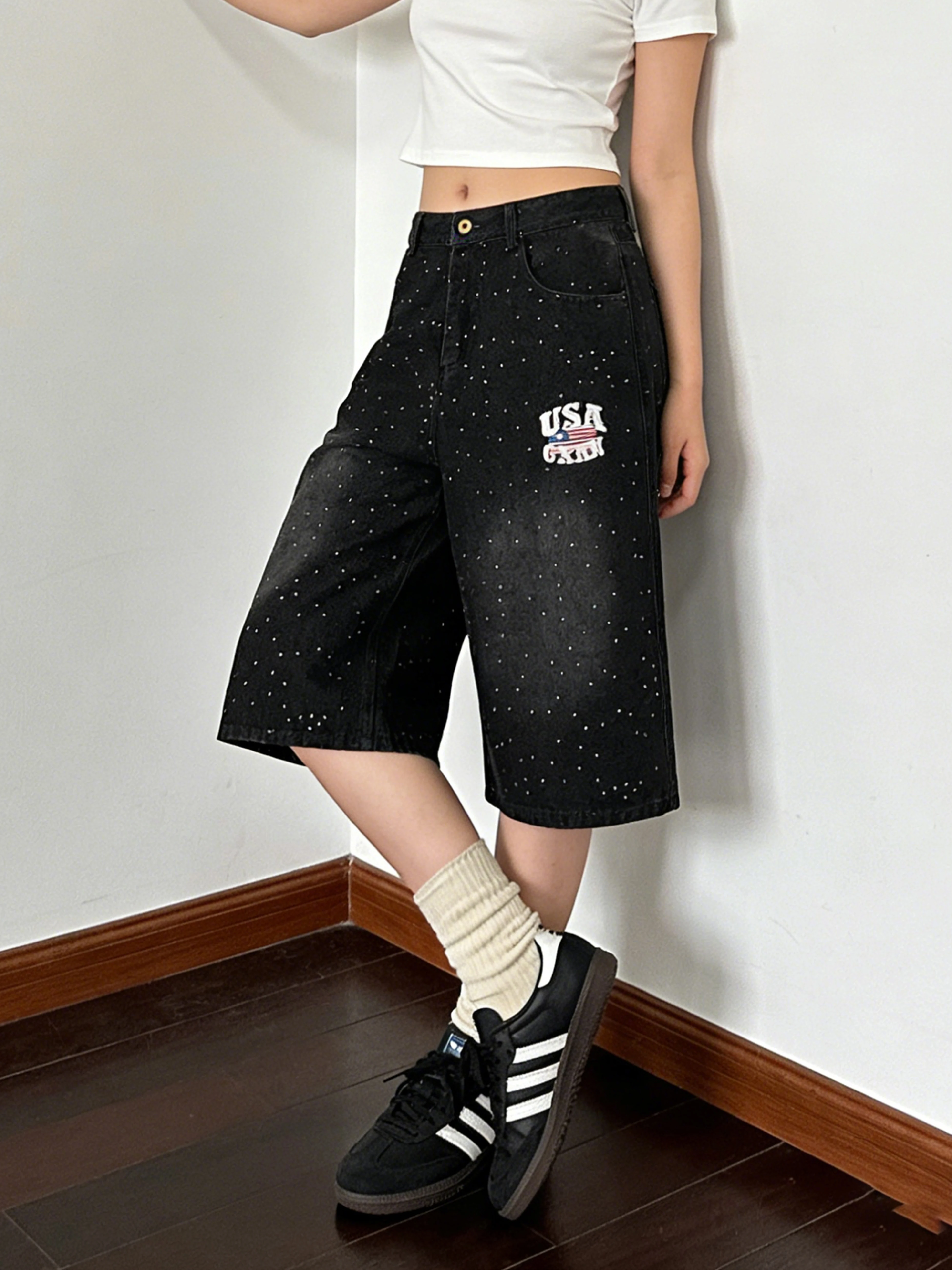 

Retro American Style Distressed Denim Wide Leg Seven-eighths Length Pants Women Loose Casual Jeans Couples Embroidery Cotton