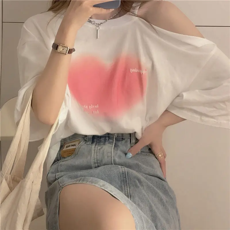 Women Clothing Off Shoulder Printing Loose Tops Summer New Short Sleeve Solid Color Hollow Out Sweet T Shirts Casual Fashion