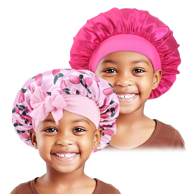 2PCS/LOT Kids Satin Bonnet Sleep Hat Bow Adjust Kids Girls Boys Night Sleep Cap Flower Printed Bonnet  Hair Beanie Shower Cap