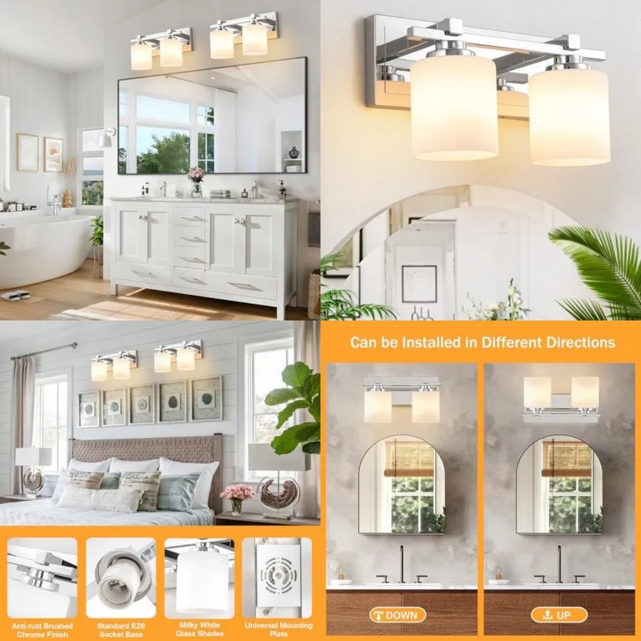 Modern Bathroom Light Fixtures Over Mirror, Vanity Lights for Bathroom Wall Sconces, E26 Socket Bulbs Not Included,2 Light, Chr
